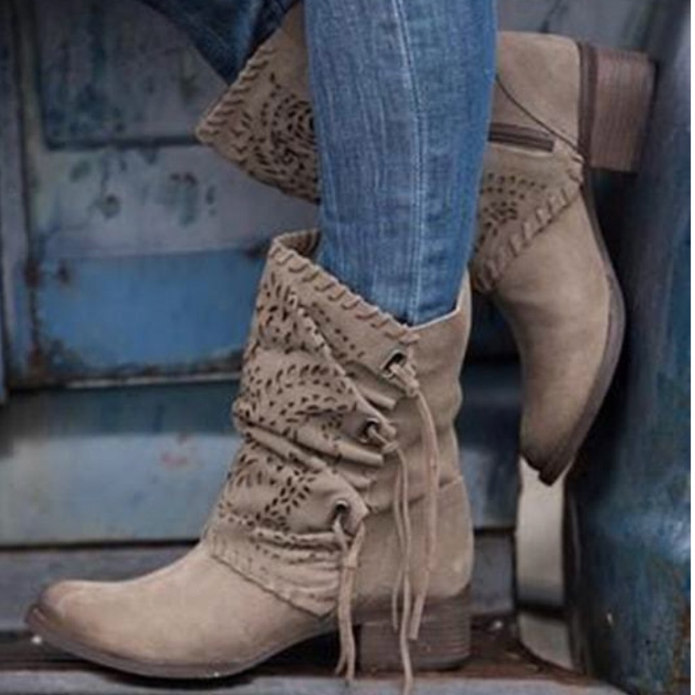 Laser Cut Fringe Suede Taupe Combat Boots - Picture 2 of 5